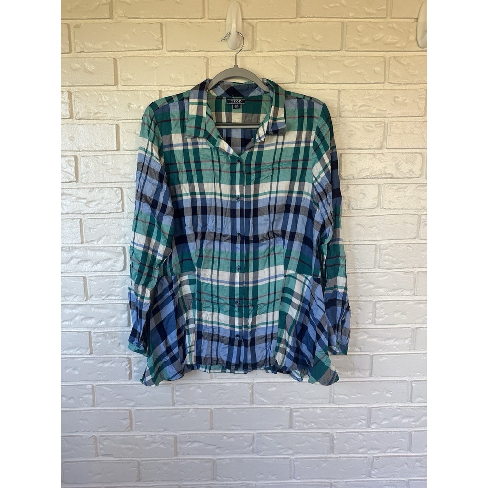 Izod Button Down Stretch Shirt Women's Size Large Plaid Multicolor EUC